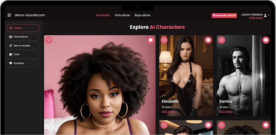 A webpage layout displaying AI-generated characters. The interface includes options for exploring different AI models and categories like All Models, Girls Alone, and Boys Alone. Featured profiles appear on the right with names and ages, wearing various outfits, emphasizing a focus on AI character design.