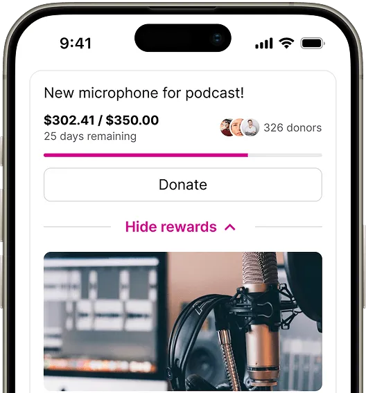 A smartphone screen displaying a crowdfunding campaign for a new microphone for a podcast, showing the fundraising goal and current amount raised.
