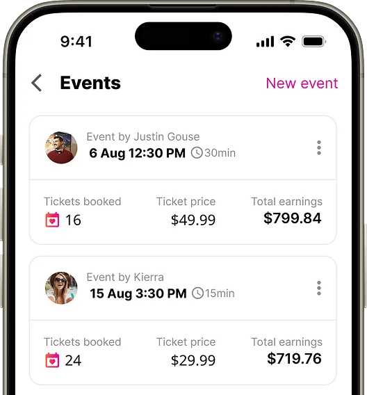 Event details displayed on a smartphone screen, showing two events with information including the event name, date and time, duration, tickets booked, ticket price, and total earnings.