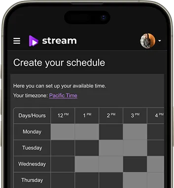 A mobile phone displays a scheduling interface labeled "Create your schedule" with time slots and days of the week.